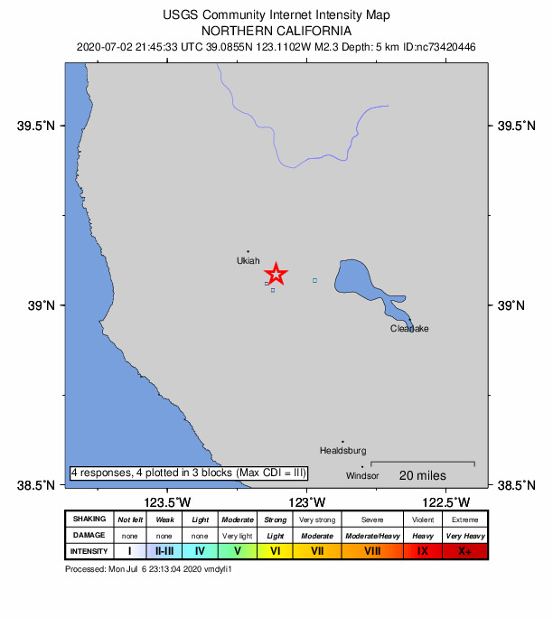 USGS DYFI community-reported intensity map for the M2.3 earthquake near 7km SE of Talmage, CA