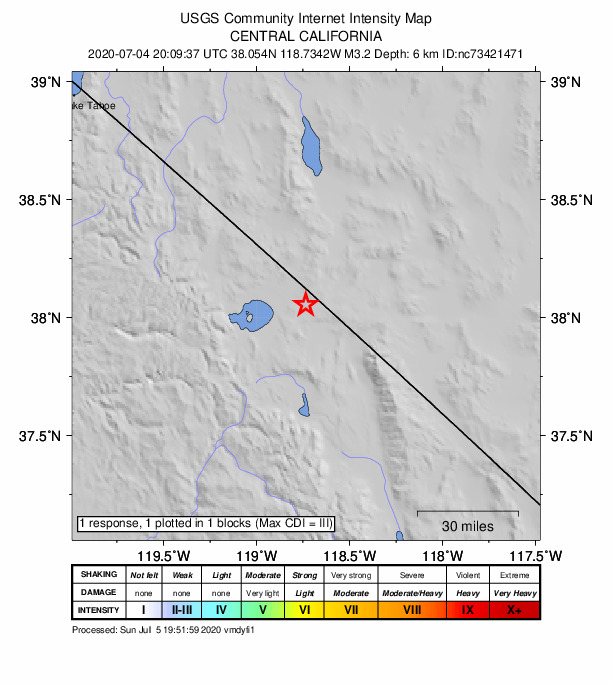USGS DYFI community-reported intensity map for the M3.2 earthquake near 30km SE of Bodie, CA