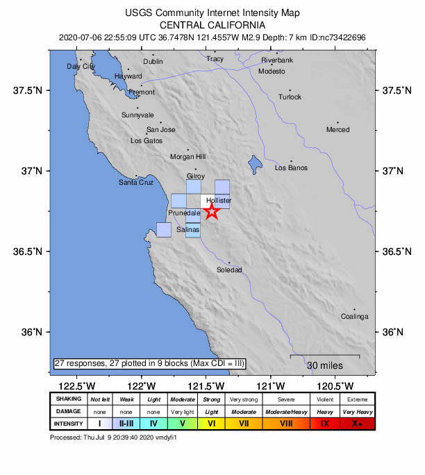 USGS DYFI community-reported intensity map for the M2.9 earthquake near 11km SW of Ridgemark, CA