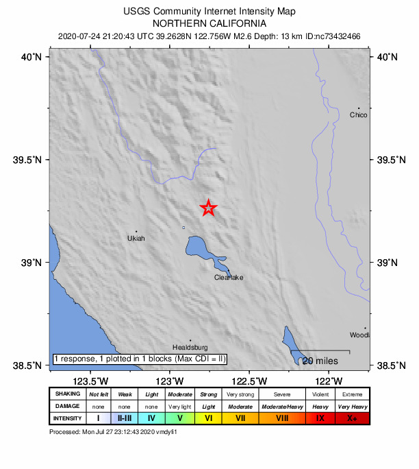 USGS DYFI community-reported intensity map for the M2.6 earthquake near 17km NE of Upper Lake, CA