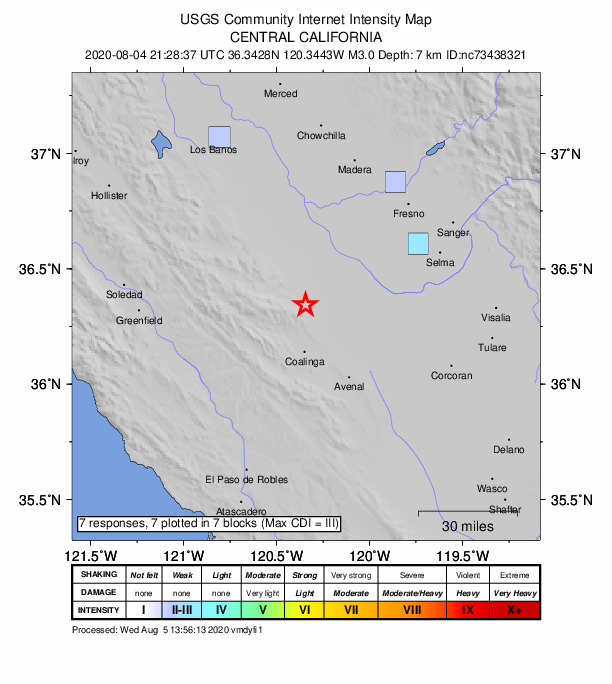USGS DYFI community-reported intensity map for the M3.0 earthquake near 18km S of Cantua Creek, CA