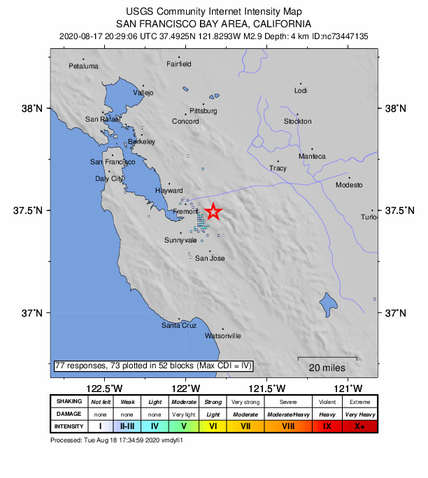 USGS DYFI community-reported intensity map for the M2.9 earthquake near 10km NE of Milpitas, CA