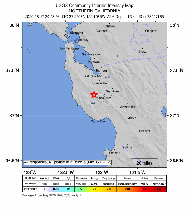 USGS DYFI community-reported intensity map for the M2.6 earthquake near 8km WSW of Saratoga, CA
