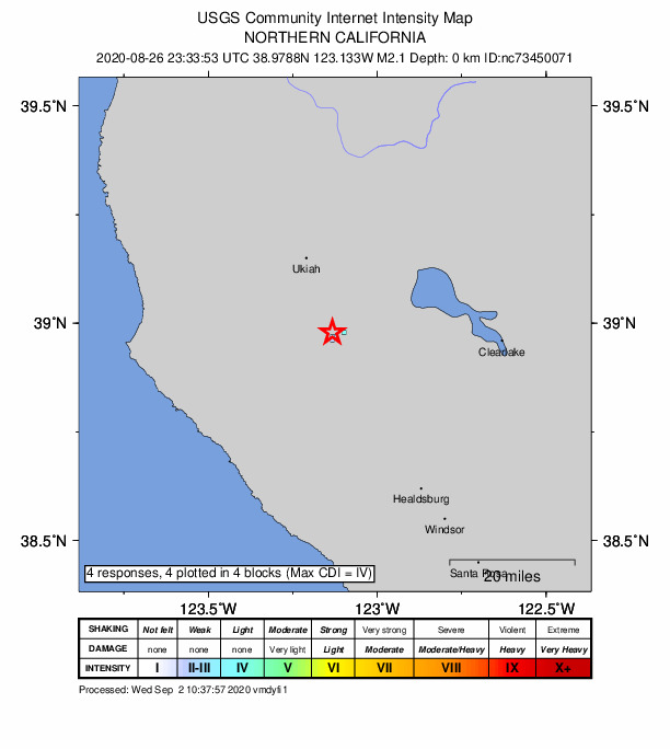 USGS DYFI community-reported intensity map for the M2.1 earthquake near 17km S of Talmage, CA