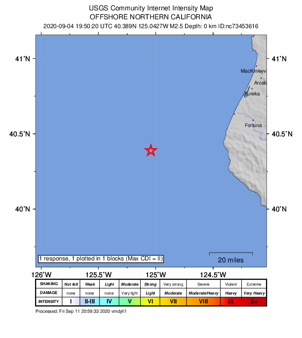 USGS DYFI community-reported intensity map for the M2.5 earthquake near 65km W of Petrolia, CA