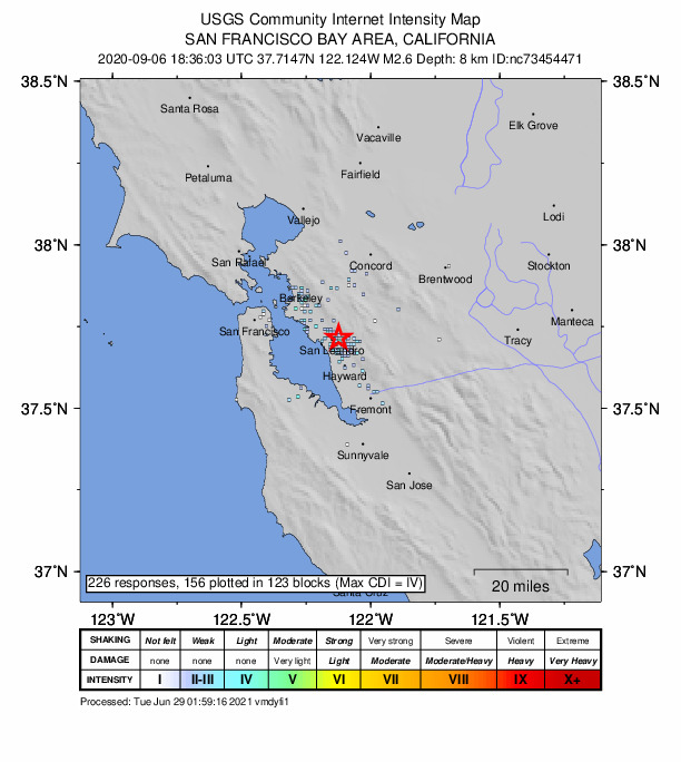 USGS DYFI community-reported intensity map for the M2.6 earthquake near 3km ESE of San Leandro, CA
