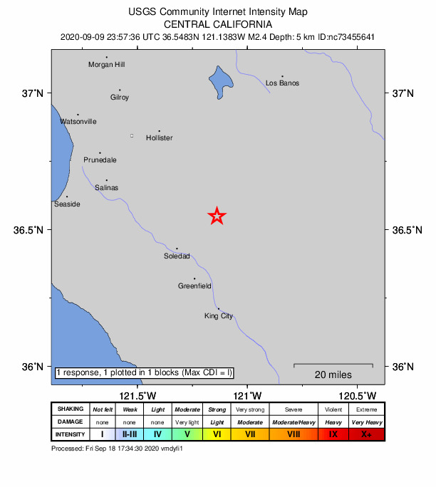 USGS DYFI community-reported intensity map for the M2.4 earthquake near 2km NNE of Pinnacles, CA