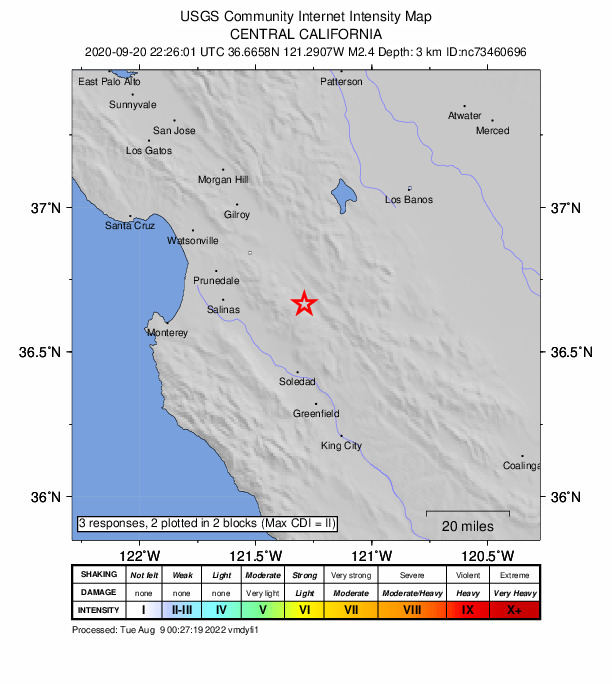 USGS DYFI community-reported intensity map for the M2.4 earthquake near 14km S of Tres Pinos, CA