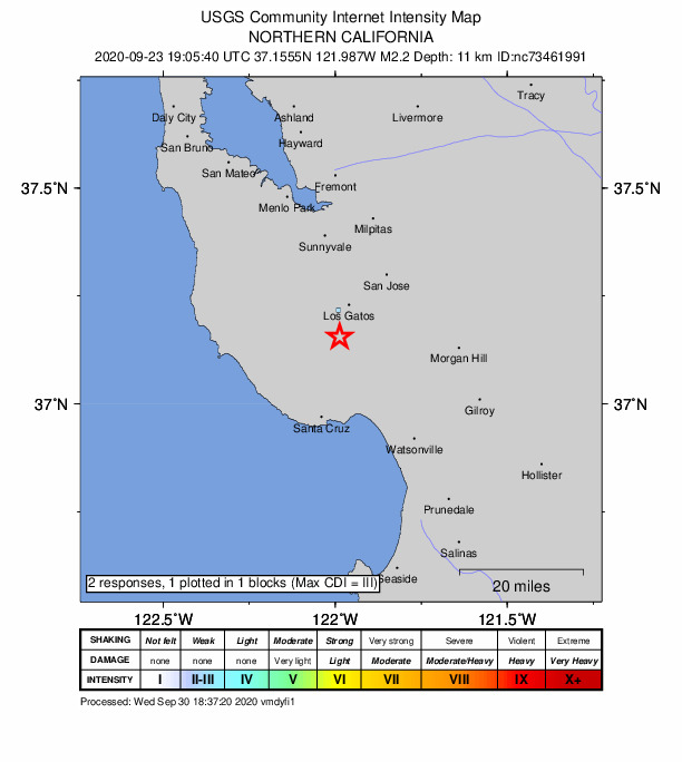 USGS DYFI community-reported intensity map for the M2.2 earthquake near 2km SW of Lexington Hills, CA