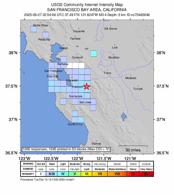 USGS DYFI community-reported intensity map for the M3.4 earthquake near 10km NE of Milpitas, CA