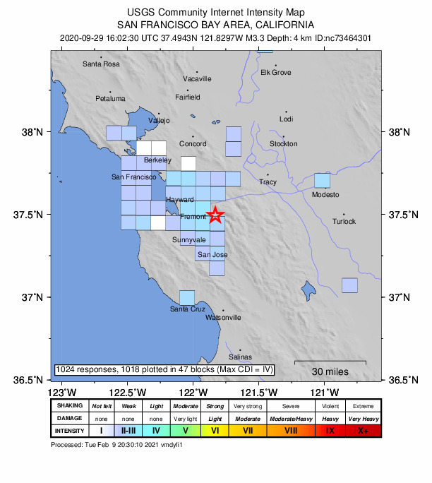 USGS DYFI community-reported intensity map for the M3.3 earthquake near 10km NE of Milpitas, CA