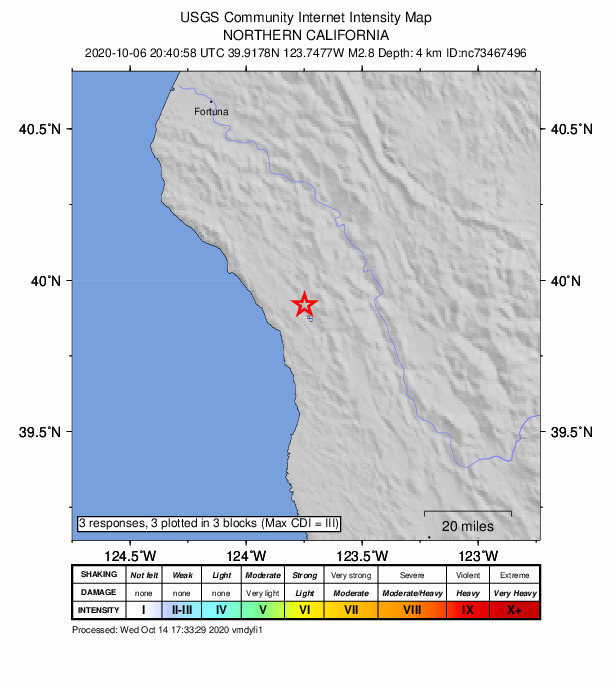 USGS DYFI community-reported intensity map for the M2.8 earthquake near 21km NNE of Rockport, CA