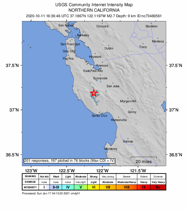 USGS DYFI community-reported intensity map for the M2.7 earthquake near 7km N of Boulder Creek, CA