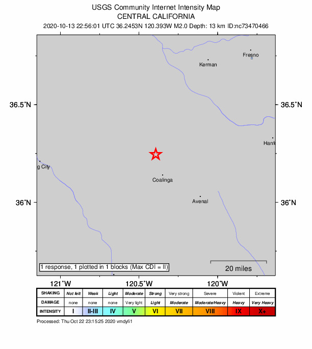 USGS DYFI community-reported intensity map for the M2.0 earthquake near 12km NNW of Coalinga, CA