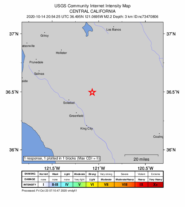 USGS DYFI community-reported intensity map for the M2.2 earthquake near 8km ESE of Pinnacles, CA