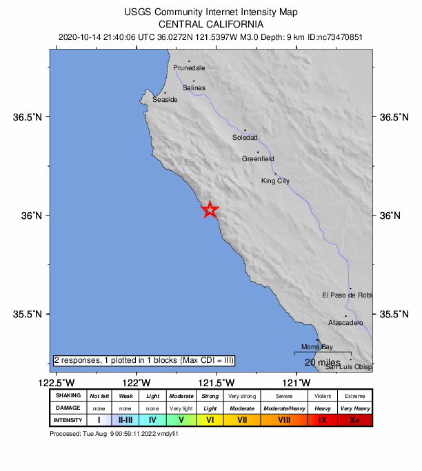 USGS DYFI community-reported intensity map for the M3.0 earthquake near 3km ENE of Lopez Point, CA