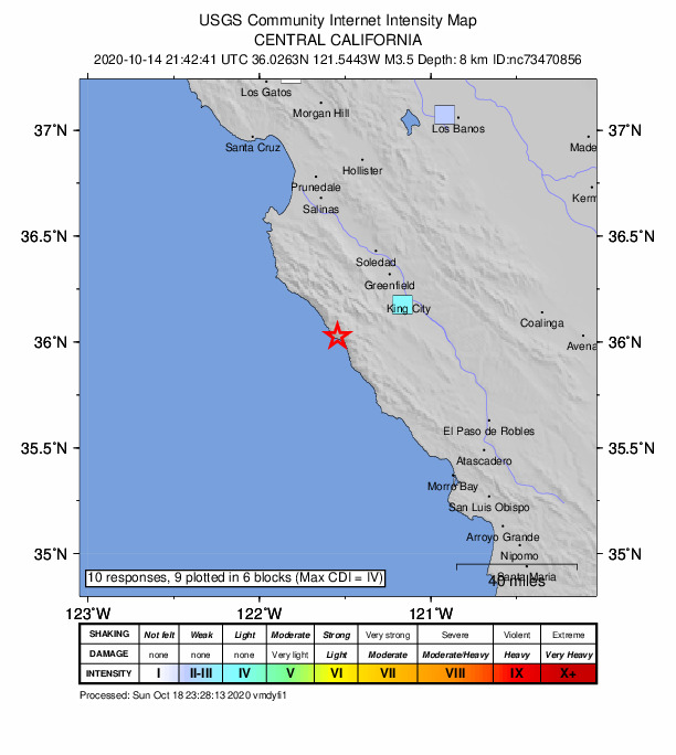 USGS DYFI community-reported intensity map for the M3.5 earthquake near 2km ENE of Lopez Point, CA