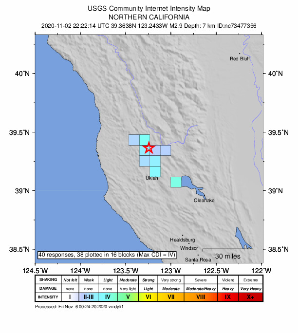 USGS DYFI community-reported intensity map for the M2.9 earthquake near 11km ESE of Willits, CA