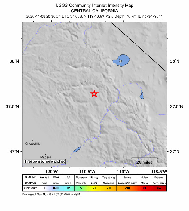 USGS DYFI community-reported intensity map for the M2.5 earthquake near 19km SE of Yosemite Valley, CA