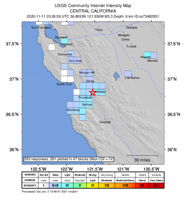 USGS DYFI community-reported intensity map for the M3.3 earthquake near 4km S of San Juan Bautista, CA