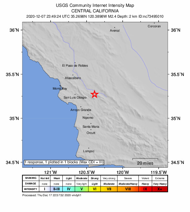 USGS DYFI community-reported intensity map for the M2.4 earthquake near 24km SE of Santa Margarita, CA