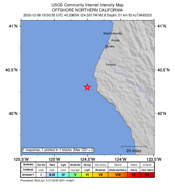 USGS DYFI community-reported intensity map for the M2.8 earthquake near 19km W of Petrolia, CA