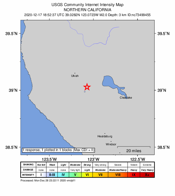 USGS DYFI community-reported intensity map for the M2.0 earthquake near 14km W of Lakeport, CA