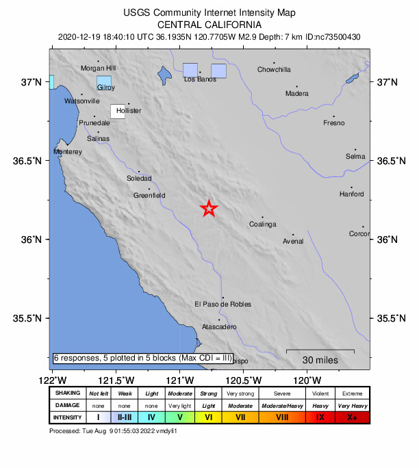 USGS DYFI community-reported intensity map for the M2.9 earthquake near 23km NNE of San Ardo, CA