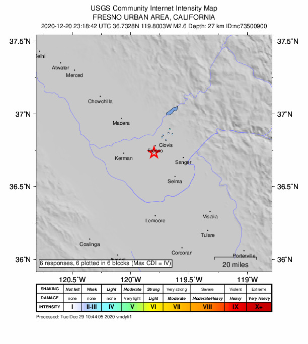 USGS DYFI community-reported intensity map for the M2.6 earthquake near 5km ENE of West Park, CA