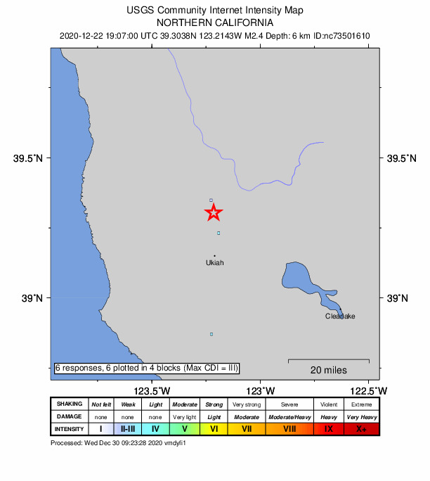 USGS DYFI community-reported intensity map for the M2.4 earthquake near 4km NNW of Redwood Valley, CA
