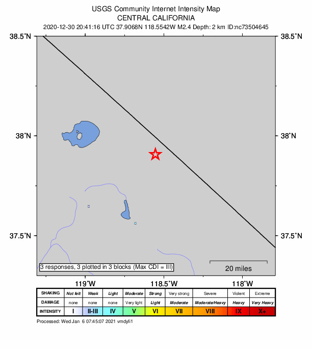USGS DYFI community-reported intensity map for the M2.4 earthquake near 40km NNE of Toms Place, CA