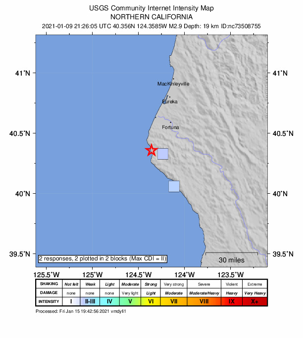 USGS DYFI community-reported intensity map for the M2.9 earthquake near 7km WNW of Petrolia, CA