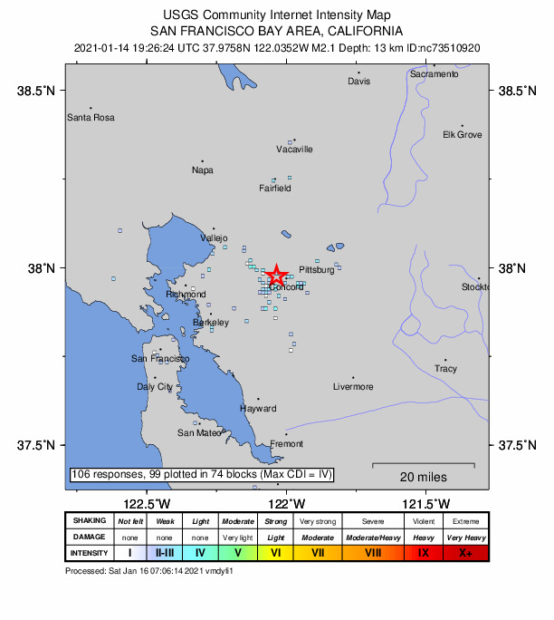 USGS DYFI community-reported intensity map for the M2.1 earthquake near 2km WNW of Concord, CA