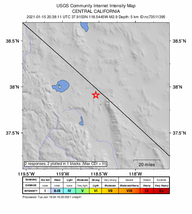 USGS DYFI community-reported intensity map for the M2.9 earthquake near 41km NNE of Toms Place, CA