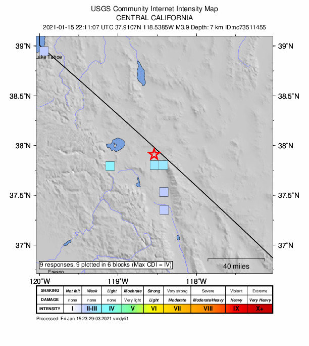 USGS DYFI community-reported intensity map for the M3.9 earthquake near 41km NNE of Toms Place, CA