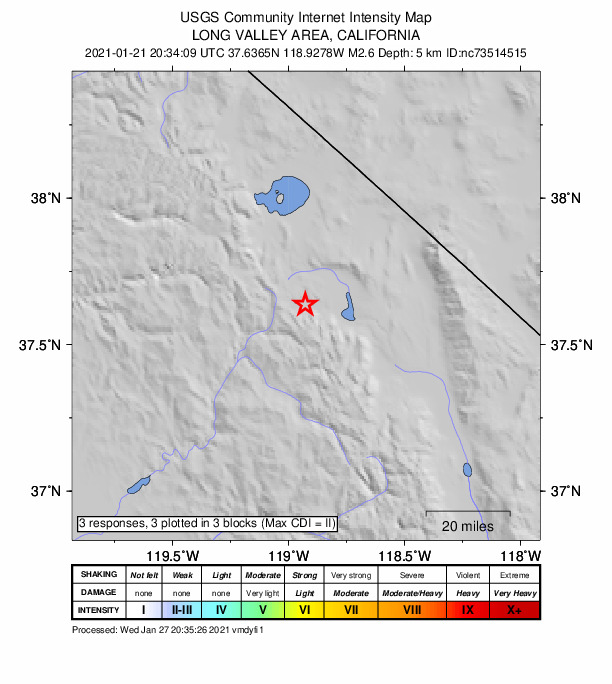 USGS DYFI community-reported intensity map for the M2.6 earthquake near 4km E of Mammoth Lakes, CA
