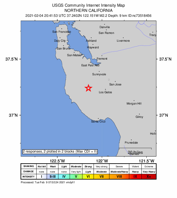 USGS DYFI community-reported intensity map for the M2.2 earthquake near 12km WSW of Saratoga, CA