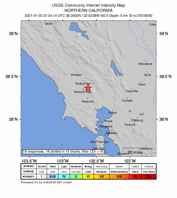 USGS DYFI community-reported intensity map for the M2.5 earthquake near 7km ENE of Rohnert Park, CA