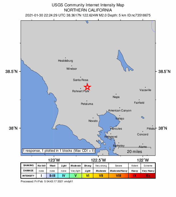 USGS DYFI community-reported intensity map for the M2.0 earthquake near 7km ENE of Rohnert Park, CA