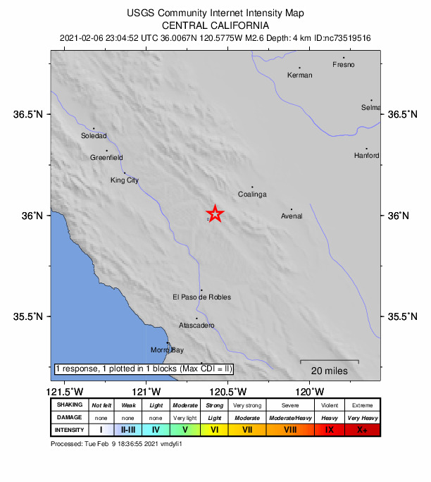 USGS DYFI community-reported intensity map for the M2.6 earthquake near 18km NW of Parkfield, CA