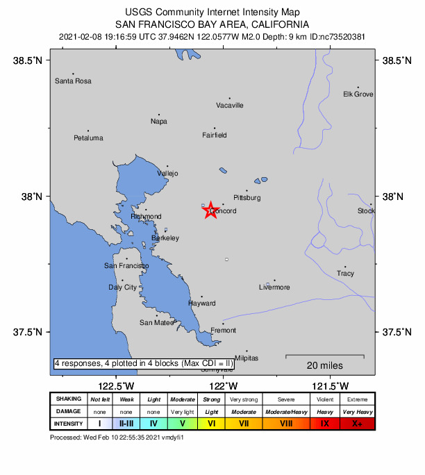 USGS DYFI community-reported intensity map for the M2.0 earthquake near 0km SE of Pleasant Hill, CA