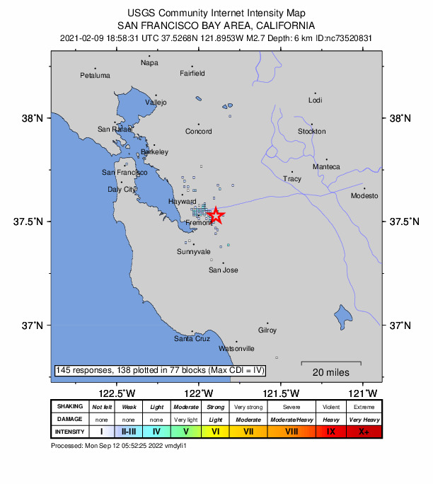 USGS DYFI community-reported intensity map for the M2.7 earthquake near 8km ESE of Fremont, CA