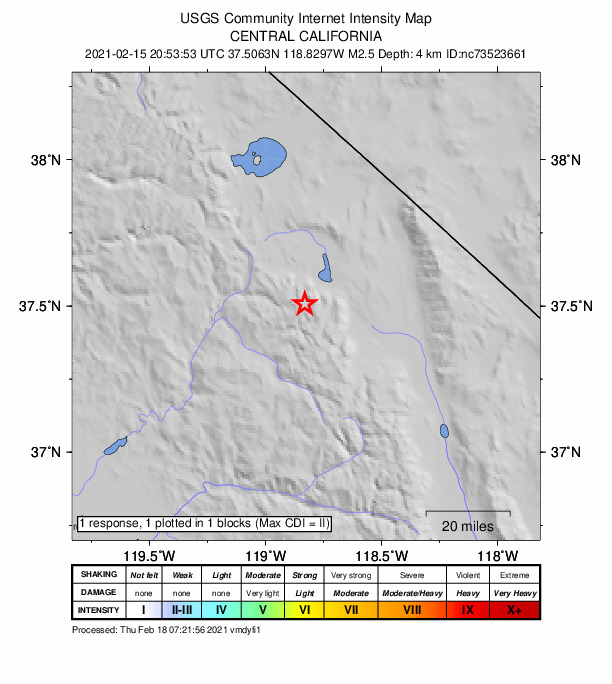 USGS DYFI community-reported intensity map for the M2.5 earthquake near 15km WSW of Toms Place, CA