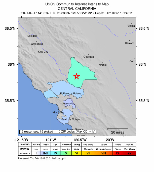 Did You Feel It? map: shaking reported by the public