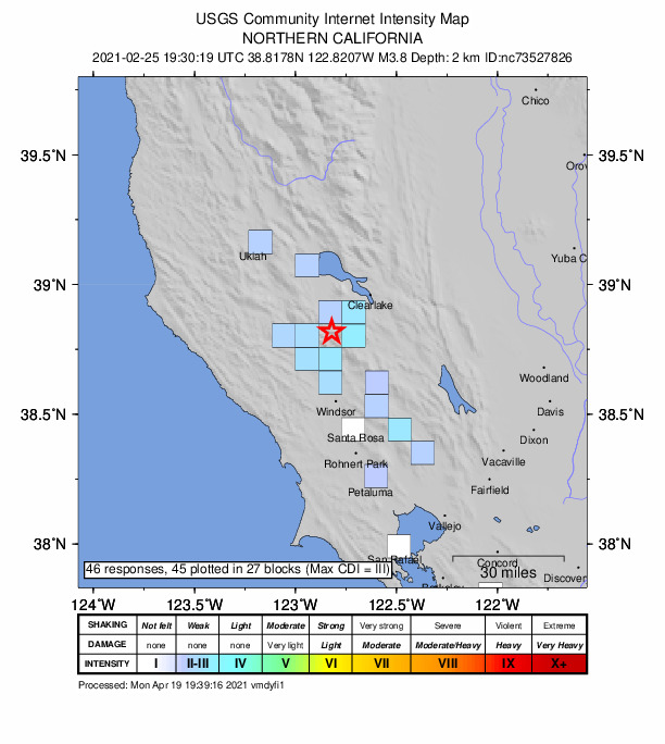 USGS DYFI community-reported intensity map for the M3.8 earthquake near 7km NW of The Geysers, CA