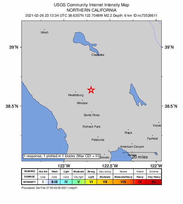 USGS DYFI community-reported intensity map for the M2.2 earthquake near 13km WNW of Calistoga, CA