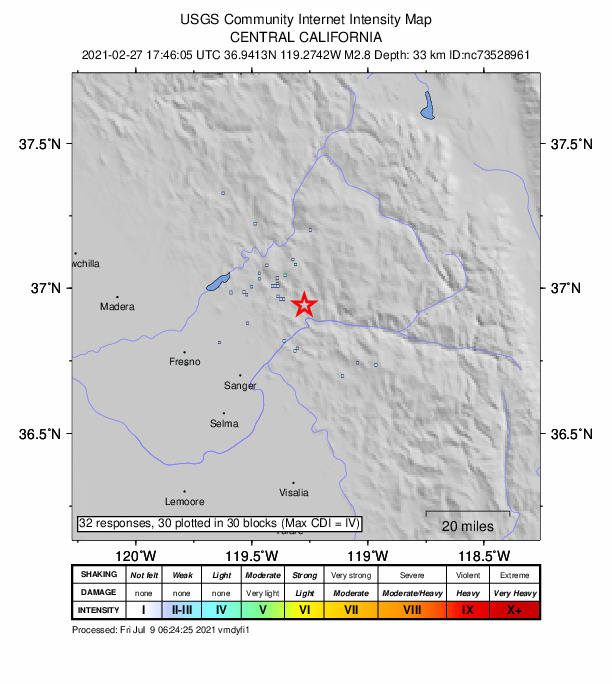 USGS DYFI community-reported intensity map for the M2.8 earthquake near 18km SSE of Shaver Lake, CA
