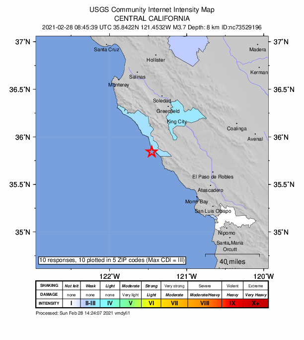 Did You Feel It? map: shaking reported by the public