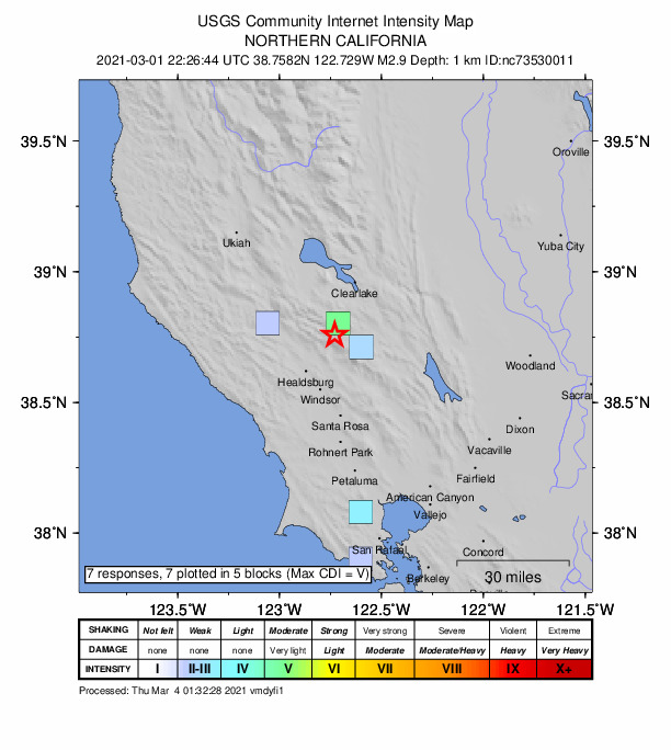 USGS DYFI community-reported intensity map for the M2.9 earthquake near 3km SE of The Geysers, CA