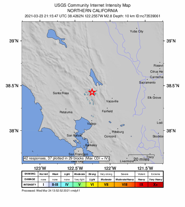 USGS DYFI community-reported intensity map for the M2.8 earthquake near 10km ENE of Yountville, CA